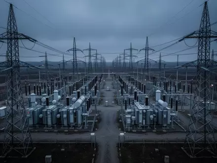 Weitläufiges Umspannwerk mit Hochspannungsmasten und Transformatoren in der Dämmerung. - Foto: über boerse-global.de