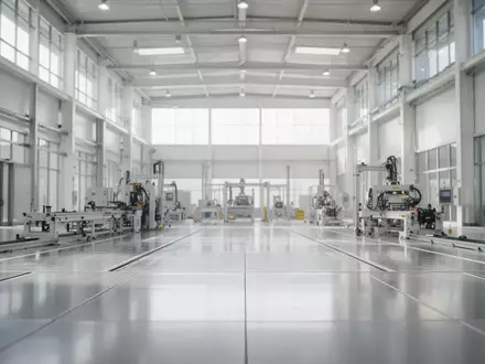 Eine moderne, weitläufige Industriehalle mit metallischen Bodenbelägen und hellen, klaren Strukturen in einer technologischen Umgebung. - Foto: über boerse-global.de