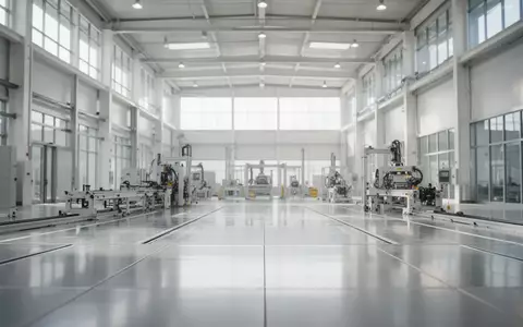 Eine moderne, weitläufige Industriehalle mit metallischen Bodenbelägen und hellen, klaren Strukturen in einer technologischen Umgebung. - Foto: über boerse-global.de