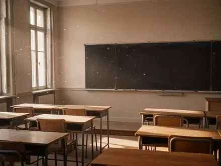 Ein leerer, sonnendurchfluteter Klassenraum in einer französischen Schule mit leeren Holztischen und einer leeren Tafel. - Foto: über boerse-global.de