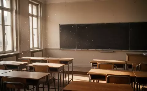 Ein leerer, sonnendurchfluteter Klassenraum in einer französischen Schule mit leeren Holztischen und einer leeren Tafel. - Foto: über boerse-global.de