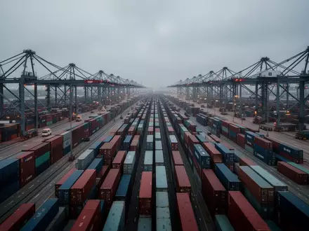 Ein weitläufiges Container-Terminal mit gestapelten Frachtcontainern und Industriekränen bei bewölktem Himmel. - Foto: über boerse-global.de