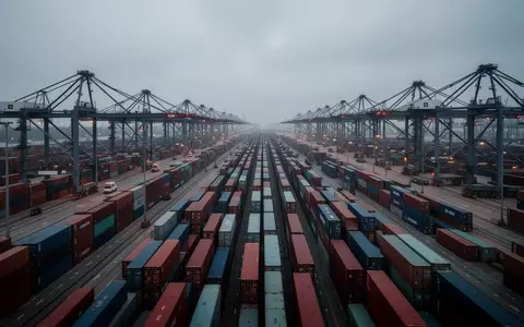 Ein weitläufiges Container-Terminal mit gestapelten Frachtcontainern und Industriekränen bei bewölktem Himmel. - Foto: über boerse-global.de