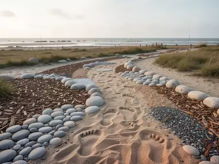 Ein natürlicher Barfußpfad mit verschiedenen Bodenbelägen in einer Küstenlandschaft am Wattenmeer. - Foto: über boerse-global.de