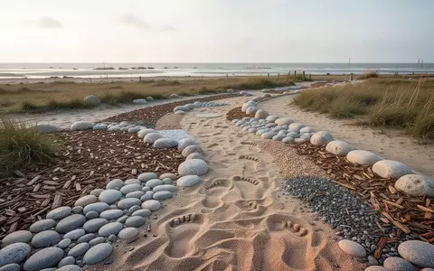 Ein natürlicher Barfußpfad mit verschiedenen Bodenbelägen in einer Küstenlandschaft am Wattenmeer. - Foto: über boerse-global.de