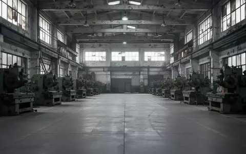 Leere, industrielle Werkshalle mit hohen Decken und ungenutzten Maschinen in einer kühlen, sachlichen Atmosphäre. - Foto: über boerse-global.de