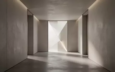 Ein minimalistischer, moderner Flur mit klaren Linien und weichem, neutralem Licht, der auf einen hellen Türbereich zuläuft. - Foto: über boerse-global.de