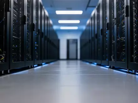 Moderne Serverraum-Infrastruktur mit dunklen Serverschränken und blauer Beleuchtung. - Foto: über boerse-global.de