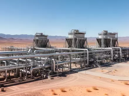 Große industrielle Wasser-Kühlanlage mit komplexen Rohrleitungssystemen in einer weiten Landschaft. - Foto: über boerse-global.de