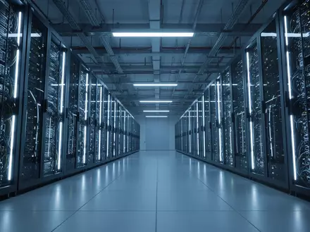 Moderne Serverinfrastruktur in einem industriellen Rechenzentrum mit blauer Beleuchtung. - Foto: über boerse-global.de