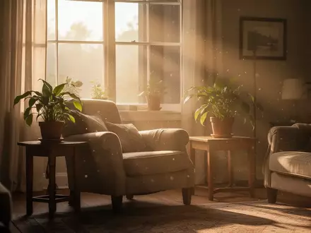 Ein sonnendurchflutetes Wohnzimmer am frühen Morgen mit warmem Licht, das durch ein Fenster fällt und eine ruhige, natürliche Atmosphäre schafft. - Foto: über boerse-global.de