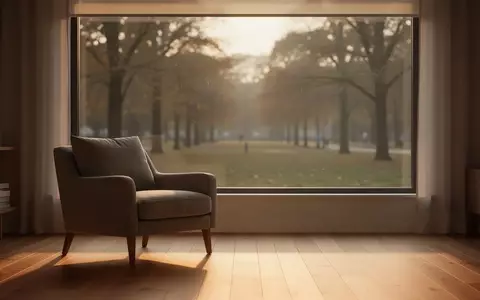 Ein minimalistisch eingerichtetes Wohnzimmer mit einem Sessel vor einem Fenster mit Blick auf einen ruhigen Park. - Foto: über boerse-global.de