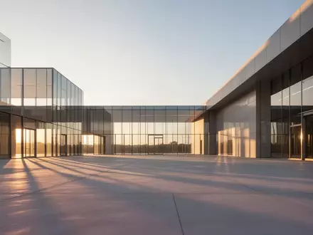 Ein minimalistisches, modernes Gebäude bei Sonnenuntergang mit klaren architektonischen Linien und Lichtreflexionen. - Foto: über boerse-global.de