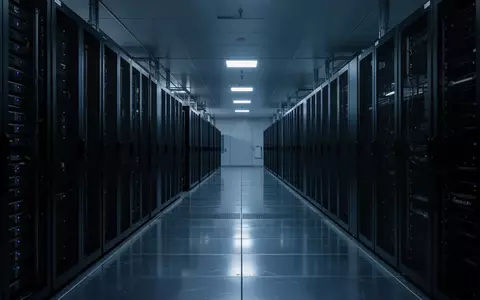 Dunkler Serverraum mit langen Reihen von Serverschränken in einer sterilen, industriellen Umgebung. - Foto: über boerse-global.de