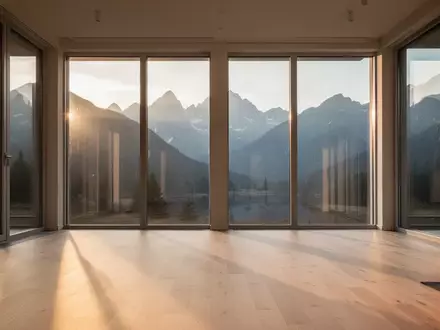 Ein minimalistischer, leerer Yogaraum mit Blick auf eine alpine Berglandschaft bei Sonnenaufgang. - Foto: über boerse-global.de