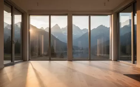 Ein minimalistischer, leerer Yogaraum mit Blick auf eine alpine Berglandschaft bei Sonnenaufgang. - Foto: über boerse-global.de