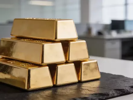 Nahaufnahme glänzender Goldbarren auf einer dunklen Schieferoberfläche bei natürlichem Licht. - Foto: über boerse-global.de