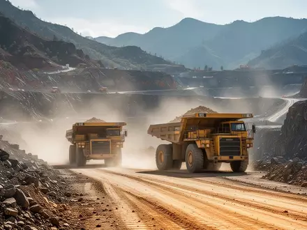 Tagebau-Mine in einer bergigen Landschaft mit gelben Baufahrzeugen bei Tageslicht. - Foto: über boerse-global.de