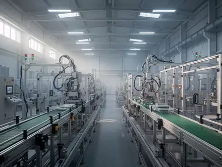 Eine leere, moderne Industriehalle mit automatisierten Fertigungslinien in einer sterilen, technologisch geprägten Umgebung. - Foto: über boerse-global.de