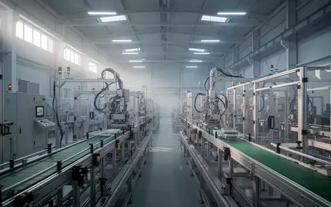 Eine leere, moderne Industriehalle mit automatisierten Fertigungslinien in einer sterilen, technologisch geprägten Umgebung. - Foto: über boerse-global.de