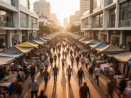 Eine lebhafte Marktplatzszene in einem Schwellenland mit modernen Geschäftsgebäuden im warmen Sonnenlicht. - Foto: über boerse-global.de