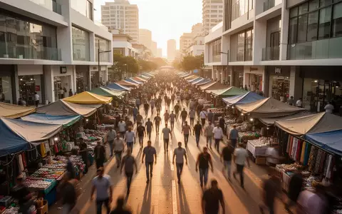 Eine lebhafte Marktplatzszene in einem Schwellenland mit modernen Geschäftsgebäuden im warmen Sonnenlicht. - Foto: über boerse-global.de