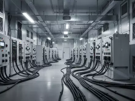Ein industrieller Laborraum mit Stromverteilern und schweren Kabeln auf einem Betonboden. - Foto: über boerse-global.de