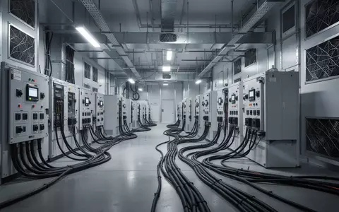 Ein industrieller Laborraum mit Stromverteilern und schweren Kabeln auf einem Betonboden. - Foto: über boerse-global.de