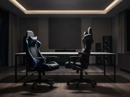 Ein minimalistisch eingerichtetes, modern gestaltetes Wohnzimmer in gedimmtem Licht, das eine Atmosphäre für konzentriertes Gaming schafft. - Foto: über boerse-global.de