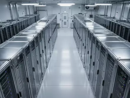 Ein steriler, industrieller Reinraum mit perfekt angeordneten, metallischen Server-Racks in einer hochsicheren Umgebung. - Foto: über boerse-global.de