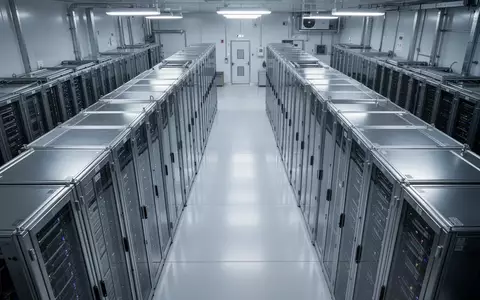 Ein steriler, industrieller Reinraum mit perfekt angeordneten, metallischen Server-Racks in einer hochsicheren Umgebung. - Foto: über boerse-global.de