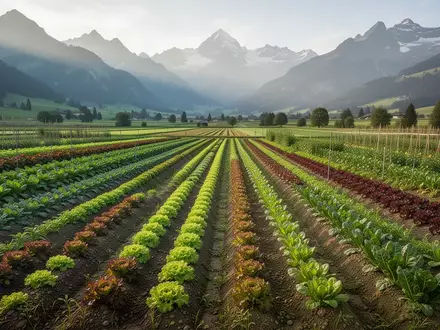 Weitläufiges Schweizer Ackerland mit Gemüsekulturen vor einer alpinen Bergkulisse bei natürlichem Morgenlicht. - Foto: über boerse-global.de
