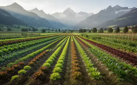 Weitläufiges Schweizer Ackerland mit Gemüsekulturen vor einer alpinen Bergkulisse bei natürlichem Morgenlicht. - Foto: über boerse-global.de