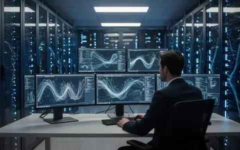Ein Cybersicherheitsanalyst überwacht komplexe Netzwerkdaten in einem modernen Serverraum. - Foto: über boerse-global.de