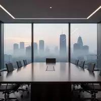 Ein minimalistischer, moderner Konferenzraum mit Blick auf eine städtische Skyline bei Dämmerung. - Foto: über boerse-global.de