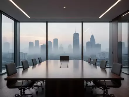 Ein minimalistischer, moderner Konferenzraum mit Blick auf eine städtische Skyline bei Dämmerung. - Foto: über boerse-global.de