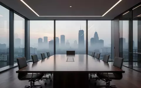 Ein minimalistischer, moderner Konferenzraum mit Blick auf eine städtische Skyline bei Dämmerung. - Foto: über boerse-global.de