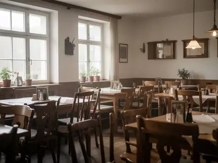 Leerer Gastraum eines traditionellen deutschen Restaurants mit Holztischen und Stühlen bei natürlichem Lichteinfall. - Foto: über boerse-global.de