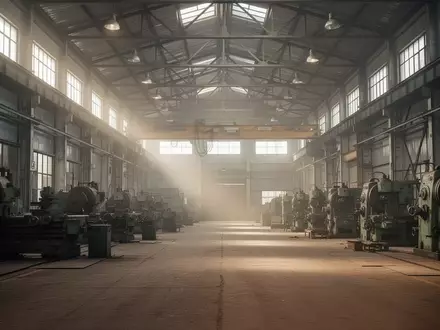 Leere Industriehalle mit großen Maschinen und natürlichem Lichteinfall. - Foto: über boerse-global.de