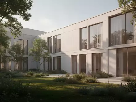 Modernes Therapiegebäude mit großzügigen Glasfronten und angrenzender Gartenanlage bei natürlichem Tageslicht. - Foto: über boerse-global.de