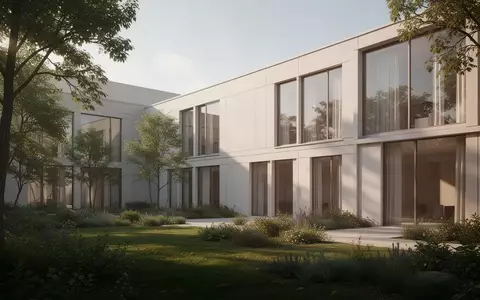 Modernes Therapiegebäude mit großzügigen Glasfronten und angrenzender Gartenanlage bei natürlichem Tageslicht. - Foto: über boerse-global.de
