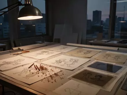 Ein minimalistisches, stimmungsvolles Studio in Tokio mit verstreuten Skizzen und Animationsfolien auf einem Zeichentisch. - Foto: über boerse-global.de