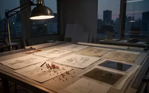 Ein minimalistisches, stimmungsvolles Studio in Tokio mit verstreuten Skizzen und Animationsfolien auf einem Zeichentisch. - Foto: ĂŒber boerse-global.de