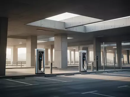 Moderne Ladestation für Elektrofahrzeuge in einem minimalistischen, hellen Parkhaus bei Tageslicht. - Foto: über boerse-global.de
