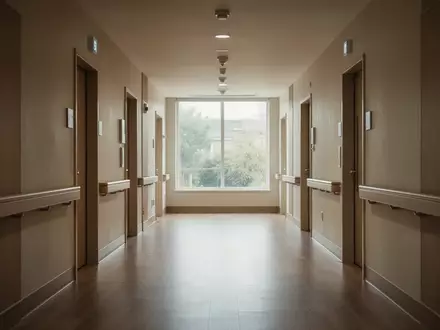 Ein heller, leerer Flur in einem modernen Seniorenheim mit bodentiefen Fenstern und minimalistischer Architektur. - Foto: über boerse-global.de