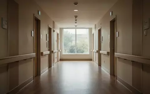 Ein heller, leerer Flur in einem modernen Seniorenheim mit bodentiefen Fenstern und minimalistischer Architektur. - Foto: über boerse-global.de
