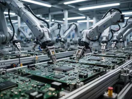 Automatisierte Produktionsstraße in einer Elektronikfabrik mit Fokus auf präzise Bauteile auf einer Leiterplatte. - Foto: über boerse-global.de