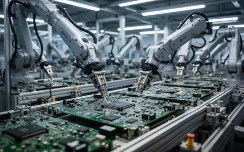 Automatisierte Produktionsstraße in einer Elektronikfabrik mit Fokus auf präzise Bauteile auf einer Leiterplatte. - Foto: über boerse-global.de