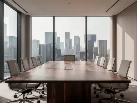 Ein minimalistischer Konferenzraum mit einem großen Eichentisch und leerstehenden Stühlen vor einer modernen Skyline. - Foto: über boerse-global.de