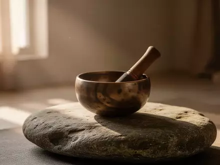 Eine hölzerne Klangschale auf einem glatten Stein vor einem unscharfen, ruhigen Hintergrund. - Foto: über boerse-global.de